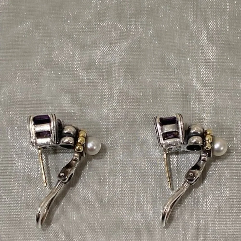 Lagos Caviar Amethyst & Pearl in 18k Yellow Gold & Sterling Silver Earrings - Picture 6 of 10